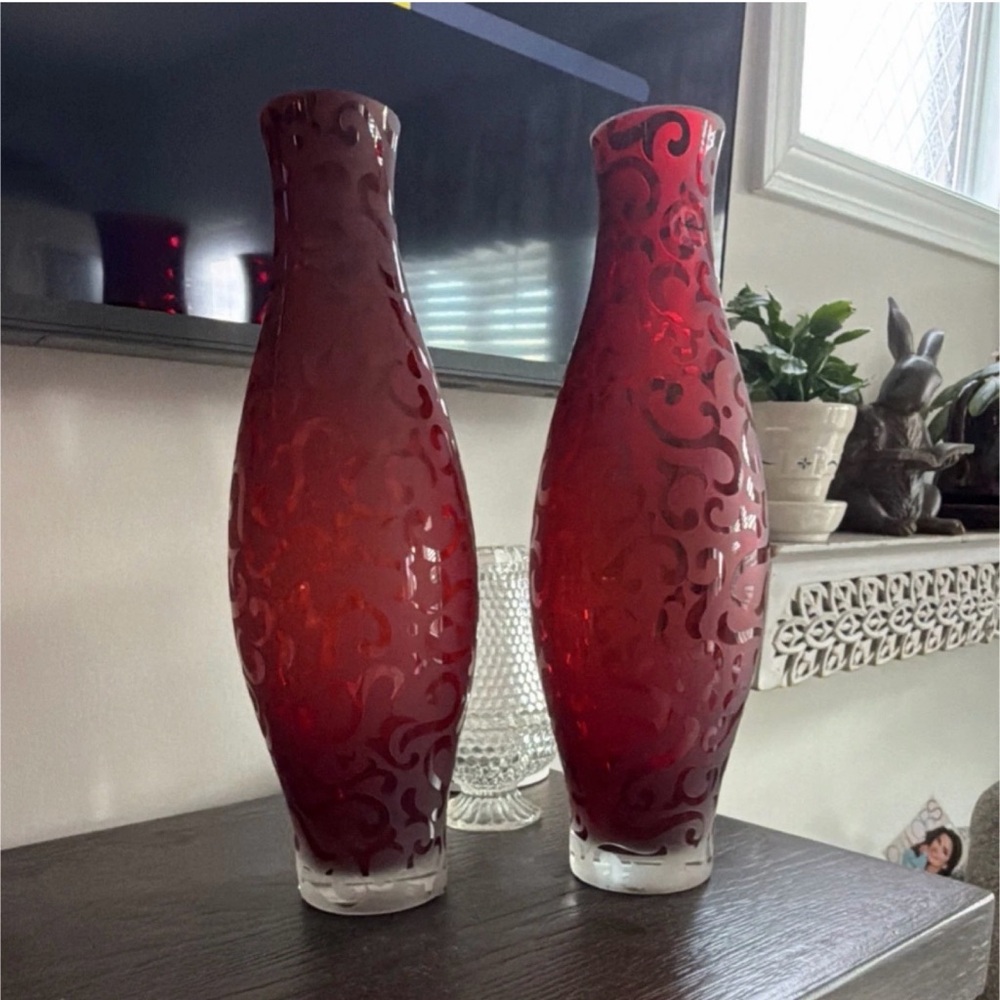 Pair of Red Etched Glass Vases — Decorative Accent Set